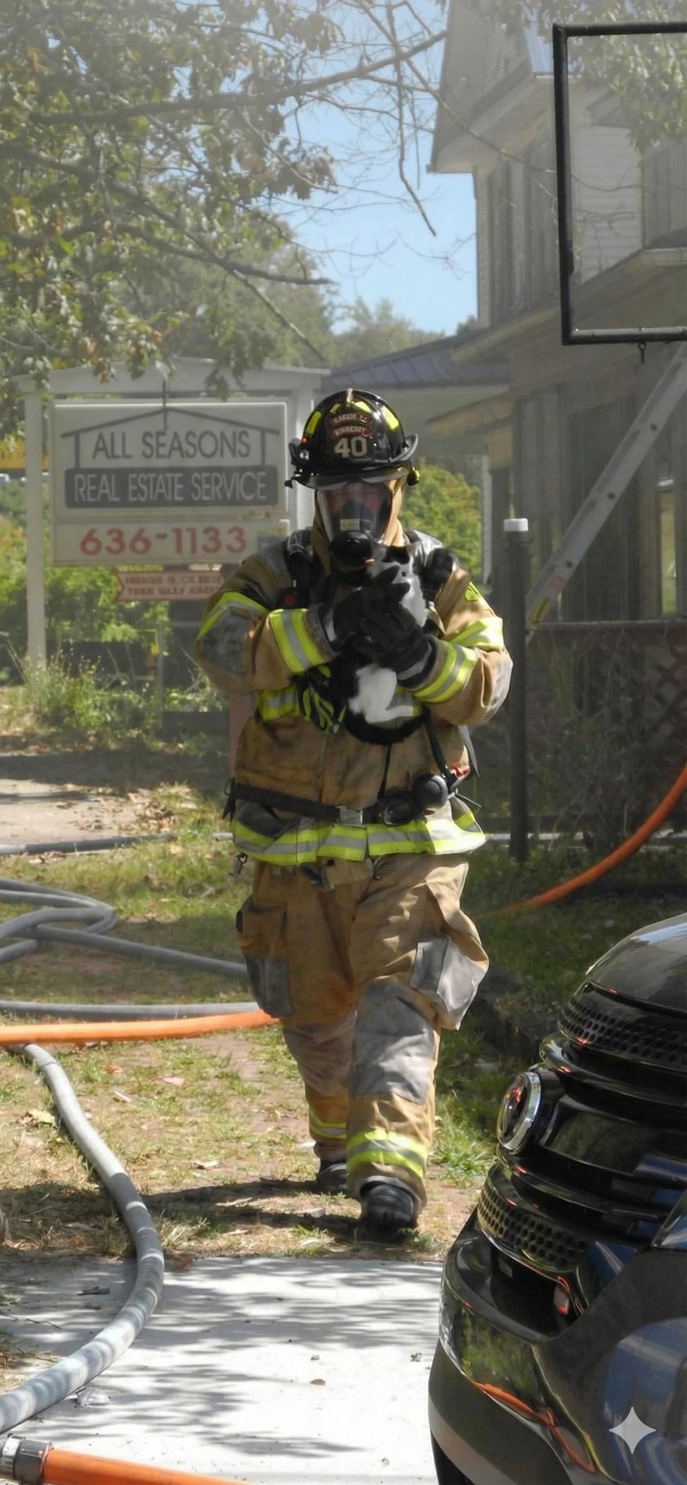 Ryan Parrack in full firefighter gear rescuing a cat from a fire